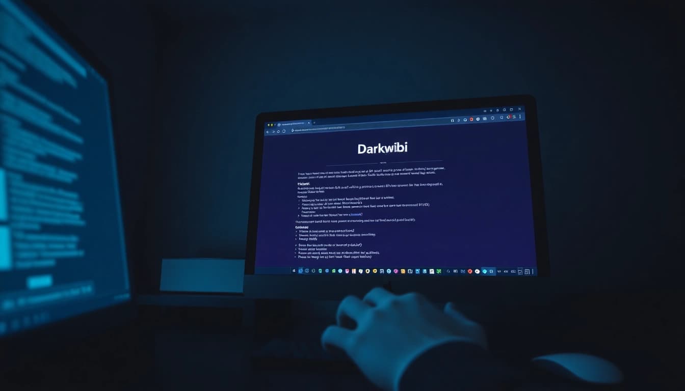The official hidden wiki interface on a computer, displaying onion sites with a dark web atmosphere.