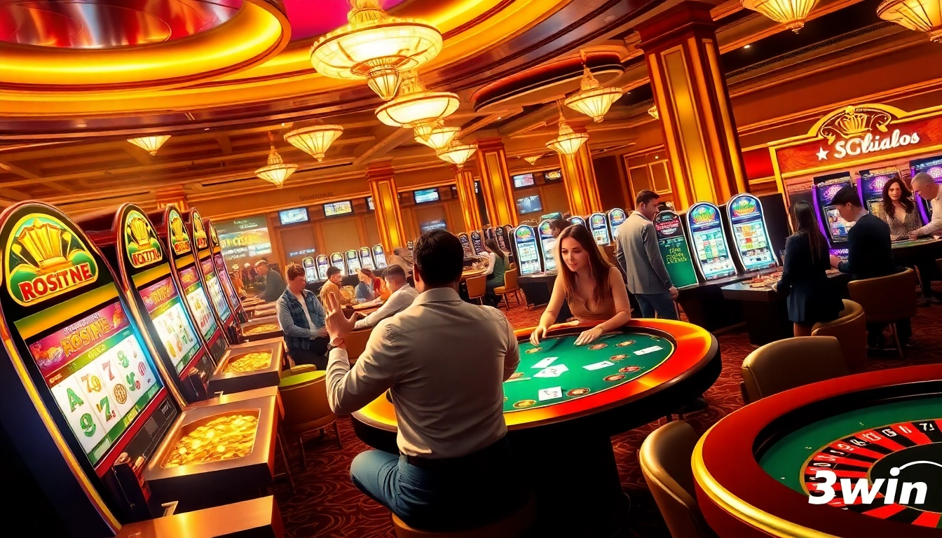Casino players engaging in poker and excitement around 23win slot machines, showcasing thrills.