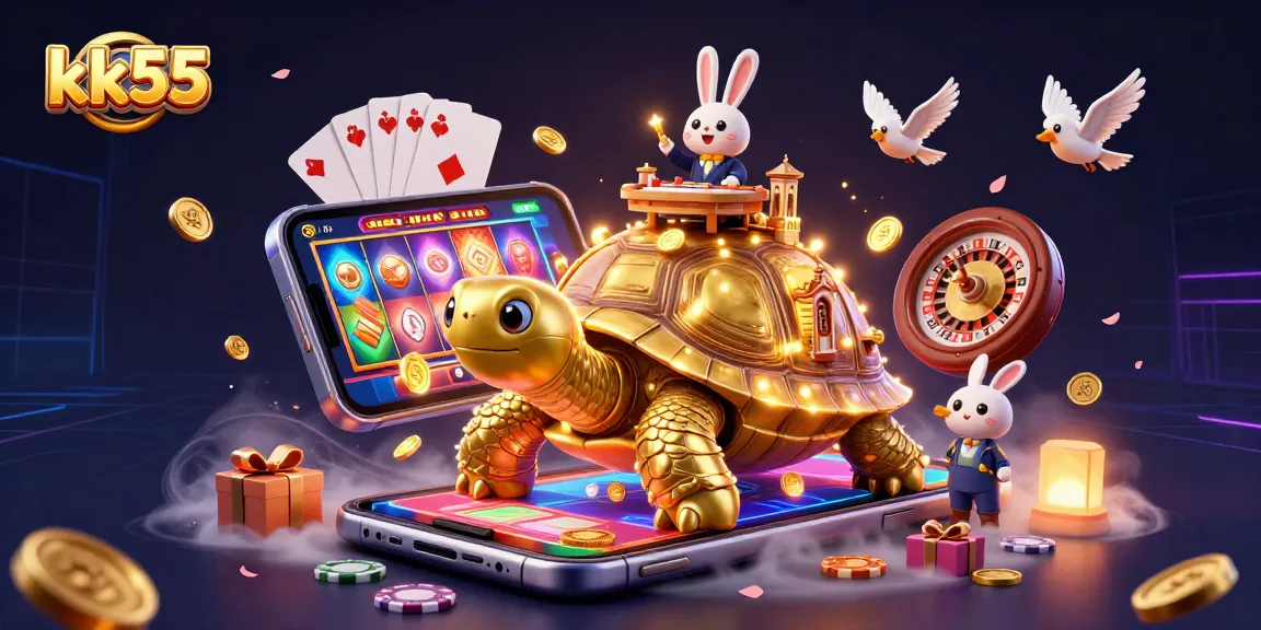 Engage in thrilling casino action with kk55, featuring a gold tortoise casino and vibrant game elements.