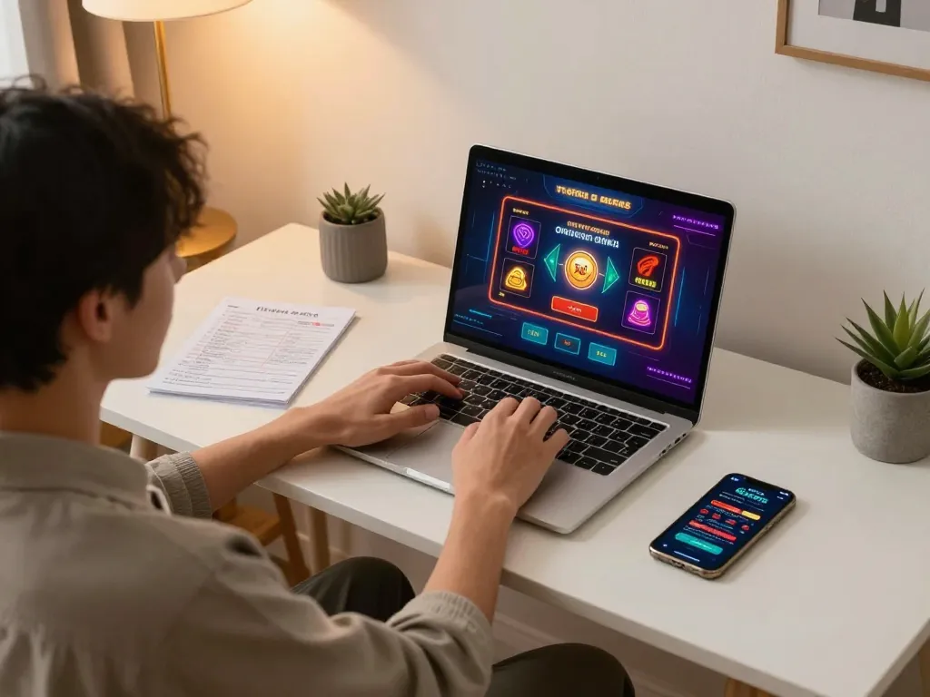 Engaged player exploring Tập đoàn okwin gaming strategies on a laptop in a cozy home environment.