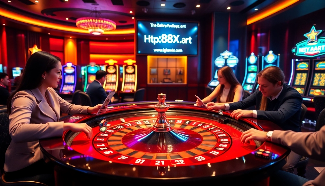 An engaging casino atmosphere at http://88xx.art/ with players at a lively roulette table and slot machines.