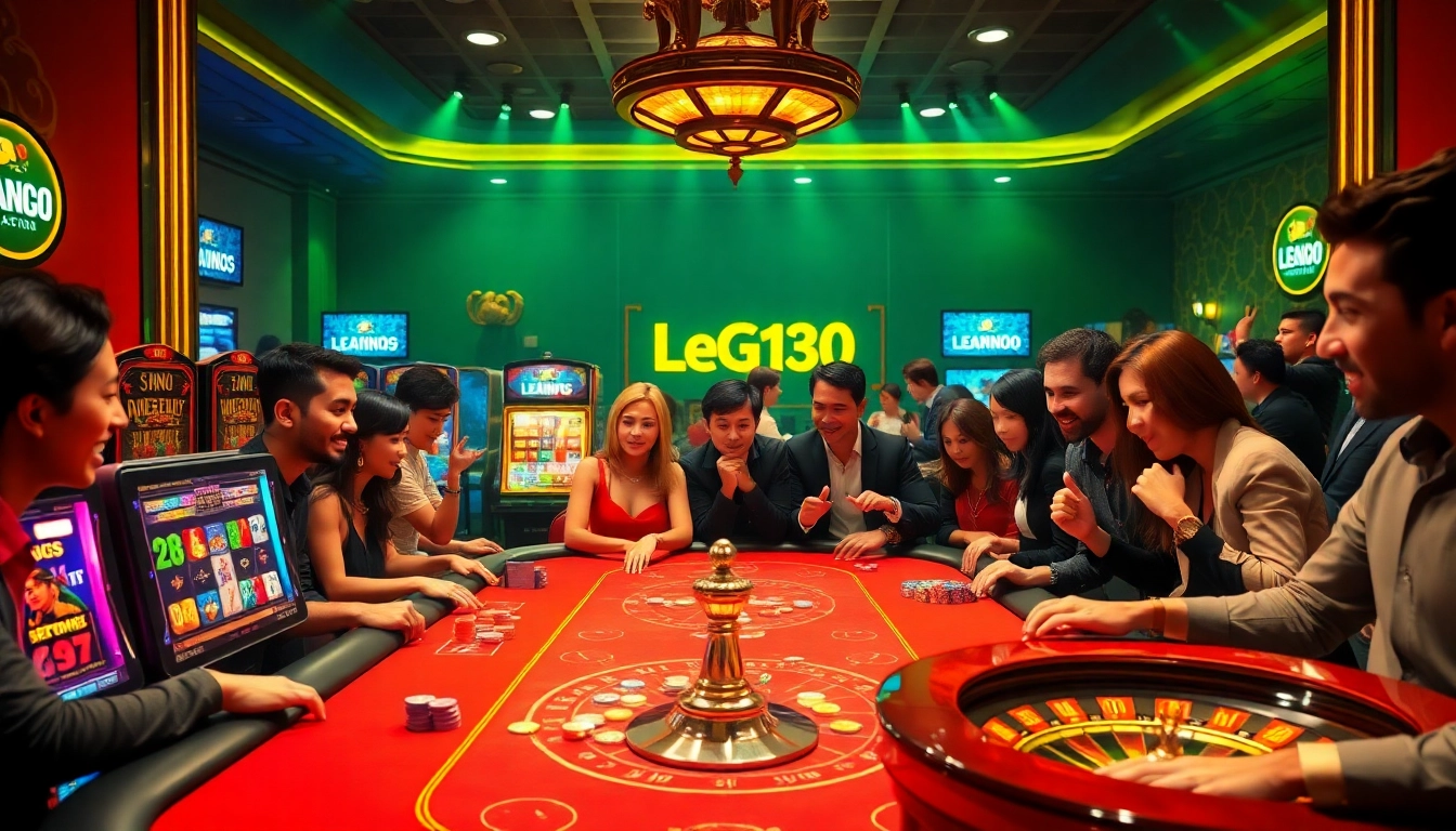 Exciting casino scene featuring players at gaming tables with lego138 daftar signage in the background.