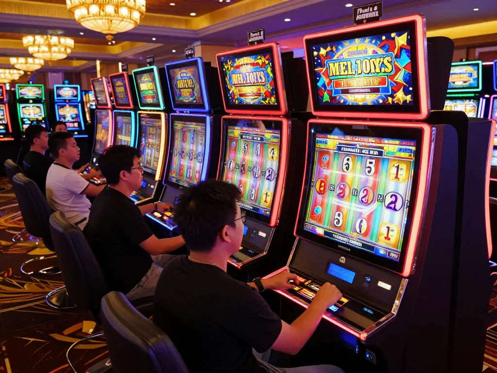 Players engaging with vibrant slot pulsa machines in a bustling casino, highlighting excitement and strategy