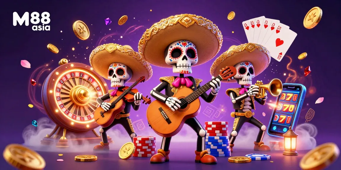 M88 asia engages players with dynamic casino excitement featuring mariachi band, golden coins, and vibrant game elements.