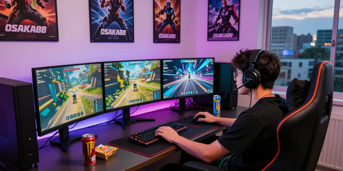 Player immersed in thrilling OSAKA88 online gaming session with vibrant graphics and high-end gear.