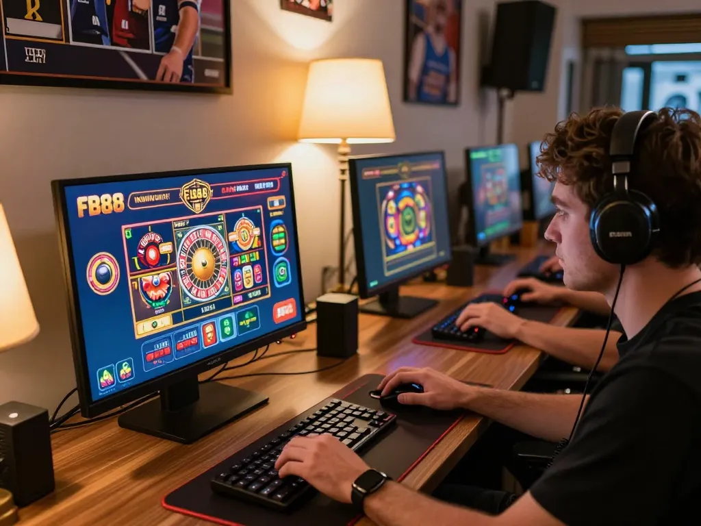 Engaged player enjoying online FB88 casino games on a modern gaming setup, showcasing exciting gaming atmosphere