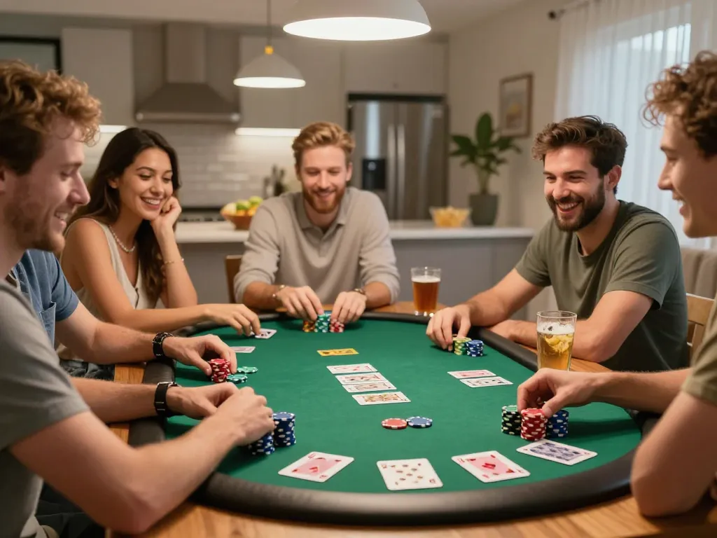 Engaging friends enjoying Canada online casinos during a home poker night with chips and cards.