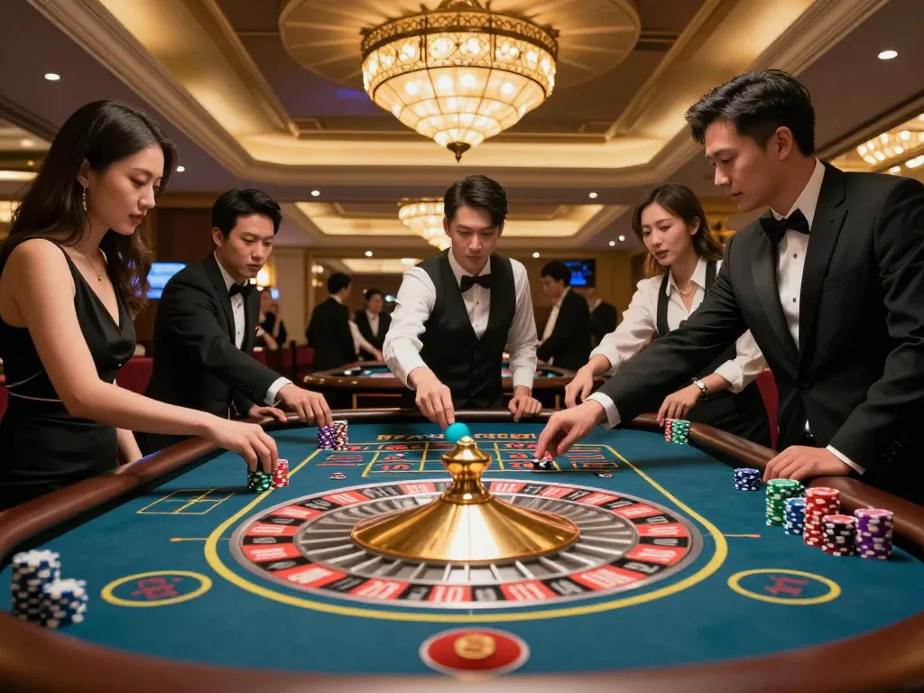 Pemain Ulat123 menyusun strategi taruhan mereka di meja roulette yang mengasyikkan di kasino yang bergaya.