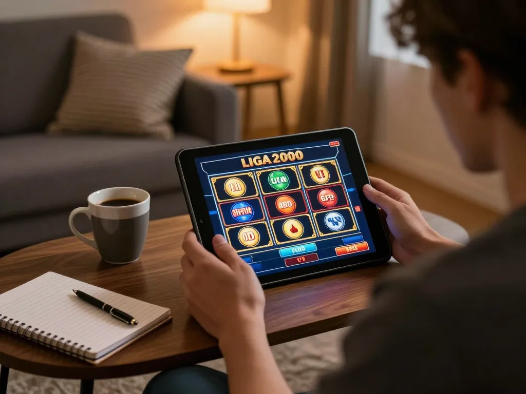 LIGA2000 player enjoying a slots session in a cozy home setting with tablet and strategy notes.