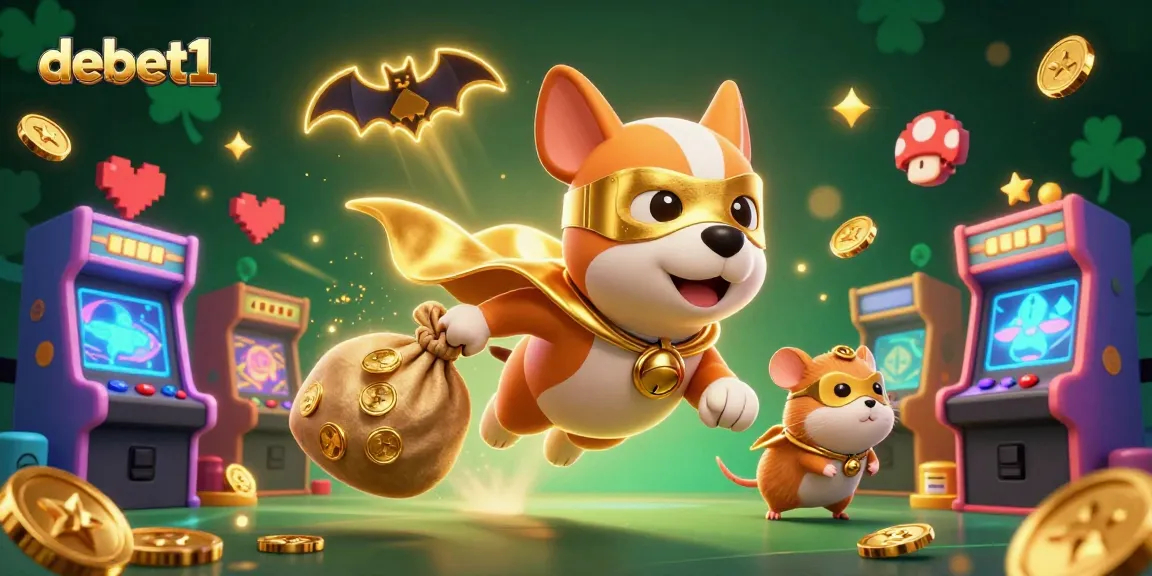 Engage with debet1 through thrilling casino adventures featuring a heroic dog and vibrant arcade elements.