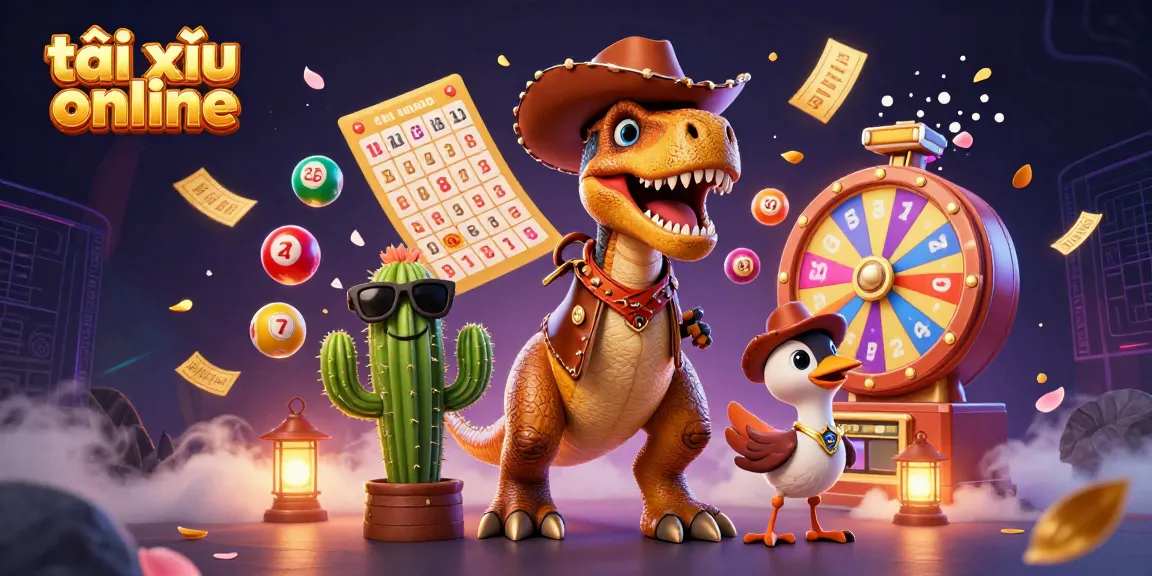 Experience the excitement of tài xỉu online with a lively illustration of a T-Rex cowboy and friends alongside colorful lottery elements.