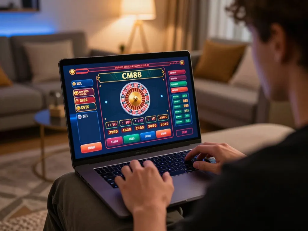 Engaging online gaming with CM88 casino interface visible on laptop screen in a cozy home setting.
