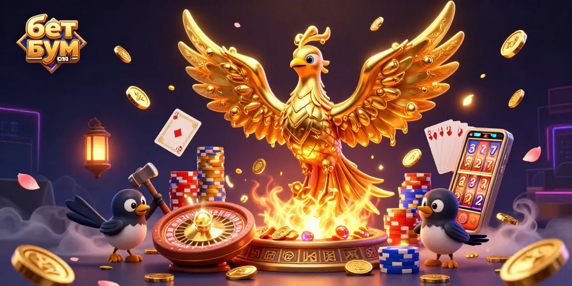 Engage with the excitement of betting as you explore бет бум скачать featuring a golden phoenix amidst coins and game elements.