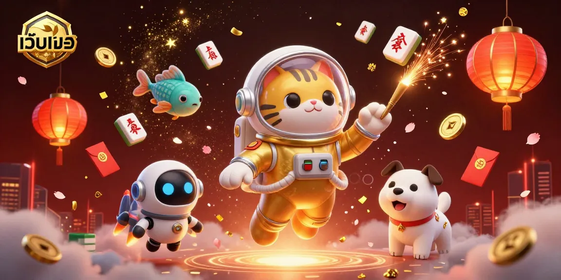 Engage with เว็บตรง in this vibrant illustration featuring a playful astronaut cat and robot dog surrounded by dynamic casino elements.
