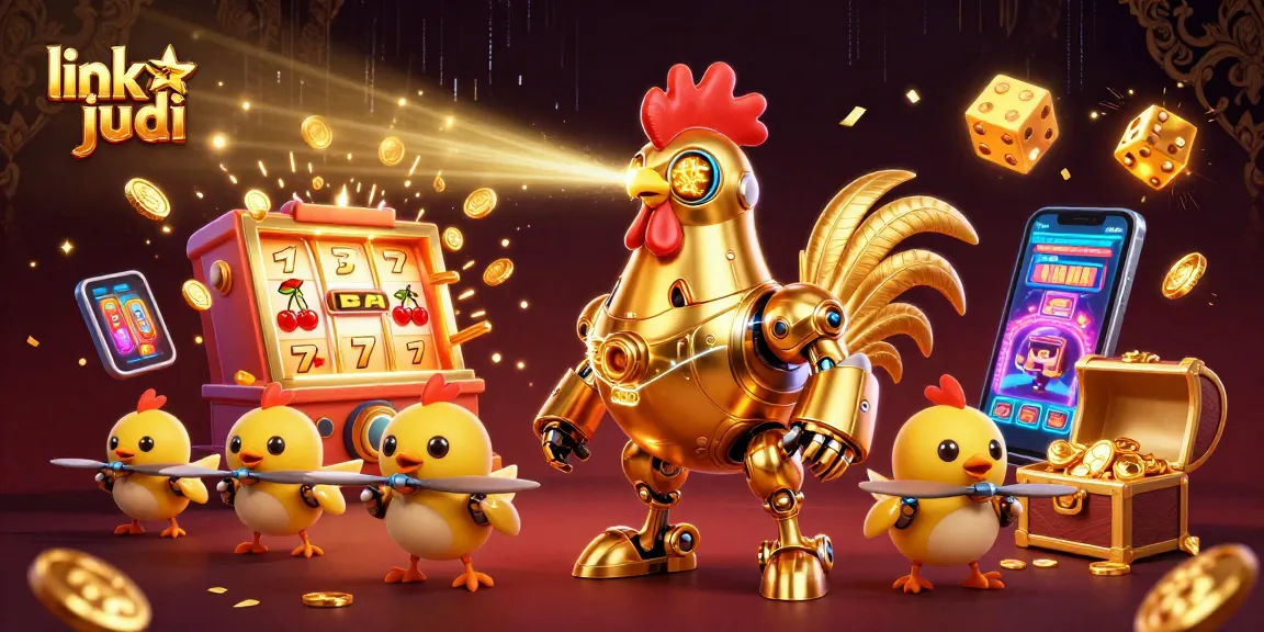 Experience the excitement of link judi as the golden rooster robot dazzles in a vibrant casino scene.