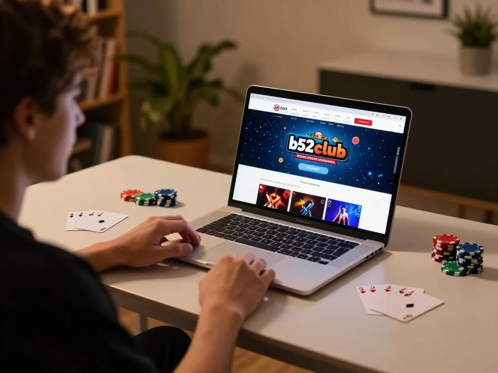 B52club player strategizing with poker interface during a cozy home gaming session.