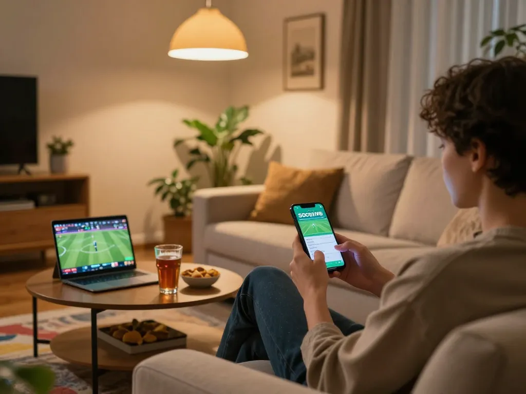 Socolive mobile app showcasing live sports betting on a smartphone in a cozy home setting.