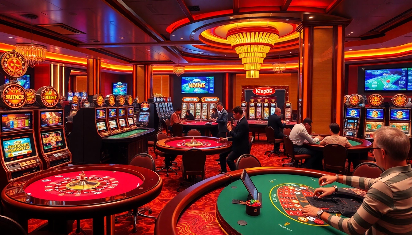 King88 players enjoy thrilling casino games in a luxurious setting with vibrant slot machines.