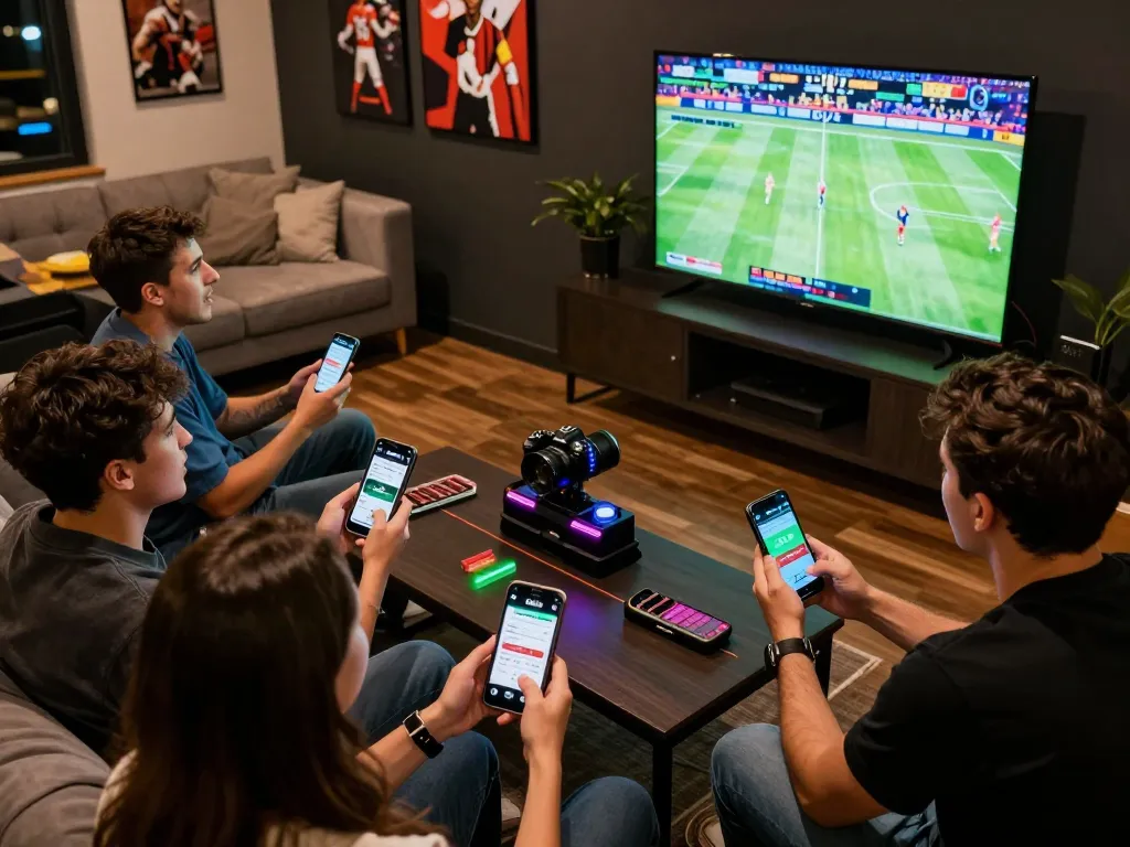 Excited group of friends engaging in sports betting with Cakhiatv app on smartphones