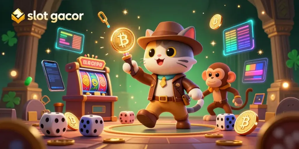 Permainan slot gacor menyajikan petualangan kucing arkeolog dengan koin Bitcoin dan slot bertema di latar belakang.
