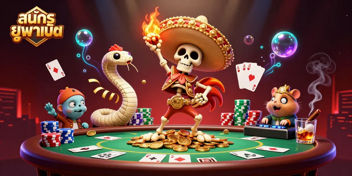 Celebrate สมัครยูฟ่าเบท with vibrant casino-themed illustration featuring dynamic characters and rich game elements.