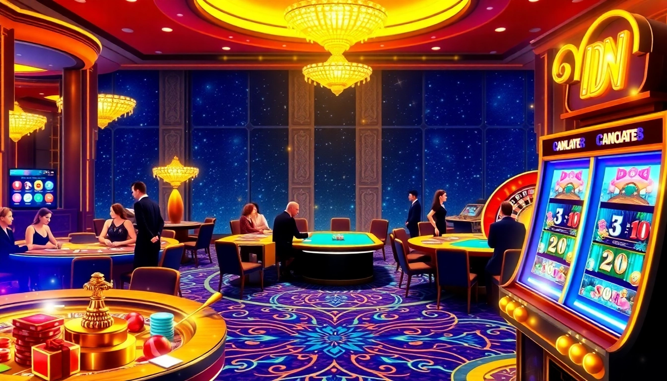 Players enjoying IDN slot games at a dazzling casino, amidst vibrant lights and thrill of wins.