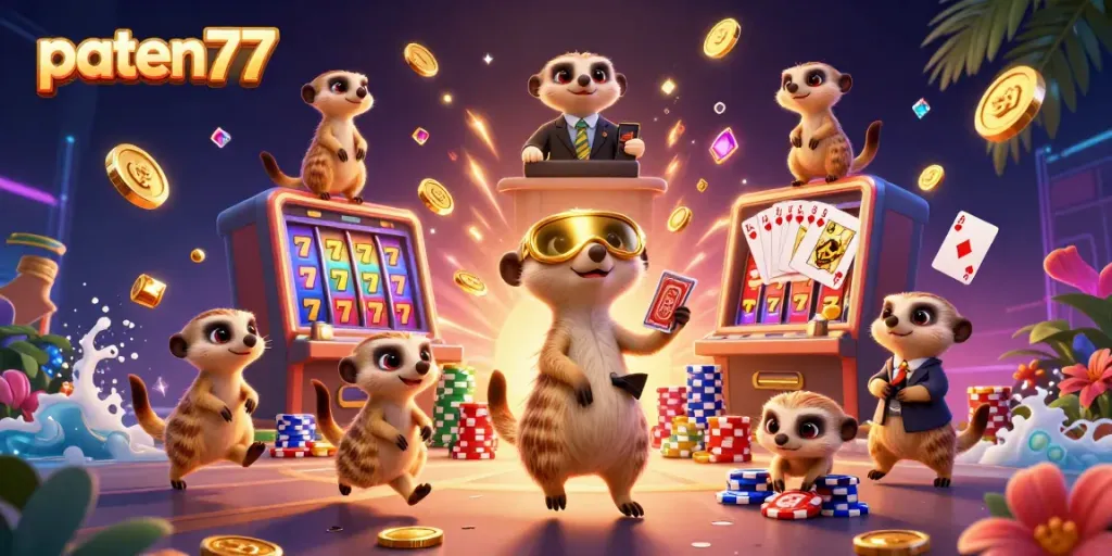 Play thrilling slots with paten77 featuring dynamic meerkat characters and vibrant casino elements.