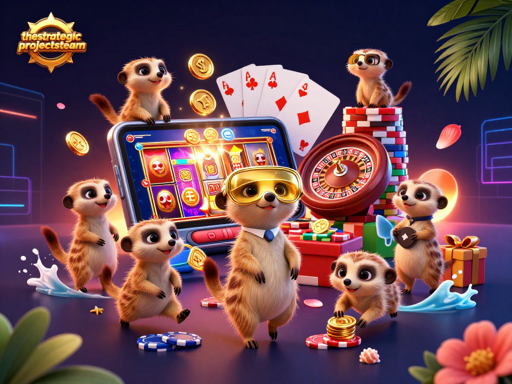 Engage with thestrategicprojectsteam's vibrant casino scene showcasing meerkats managing a slot game.