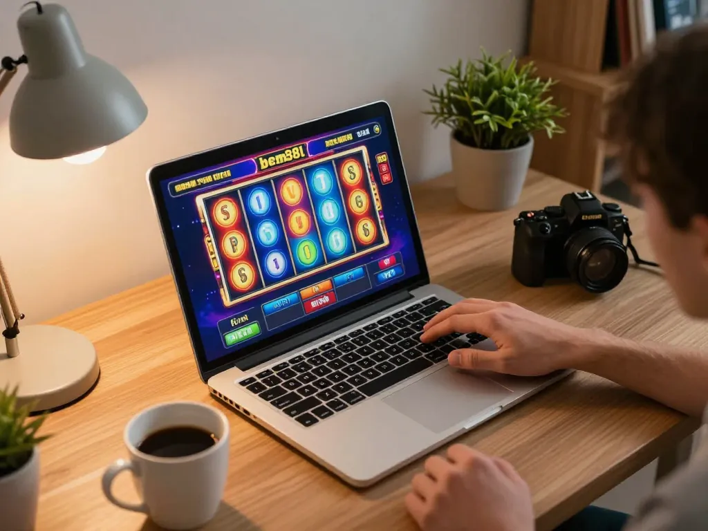 A player placing a bet on bem88l's online casino slot game displayed on a laptop in a cozy home setting.