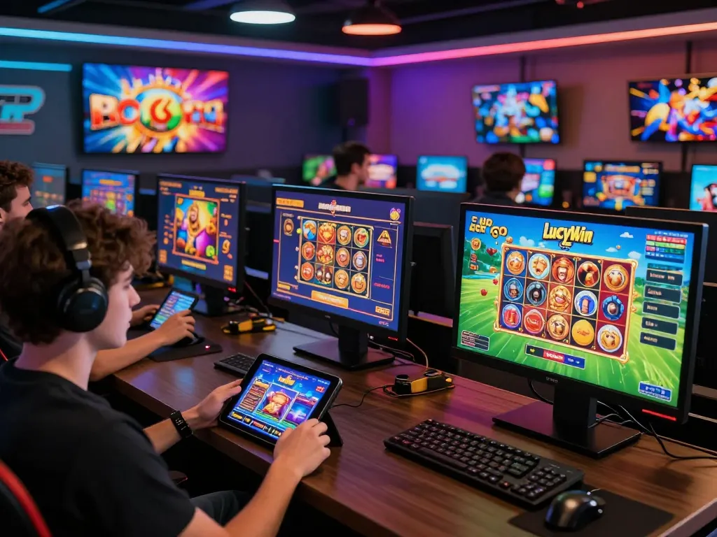 Exciting scene at Luckywin com, showcasing engaging online gaming experiences with players exploring various casino games and sports betting options.