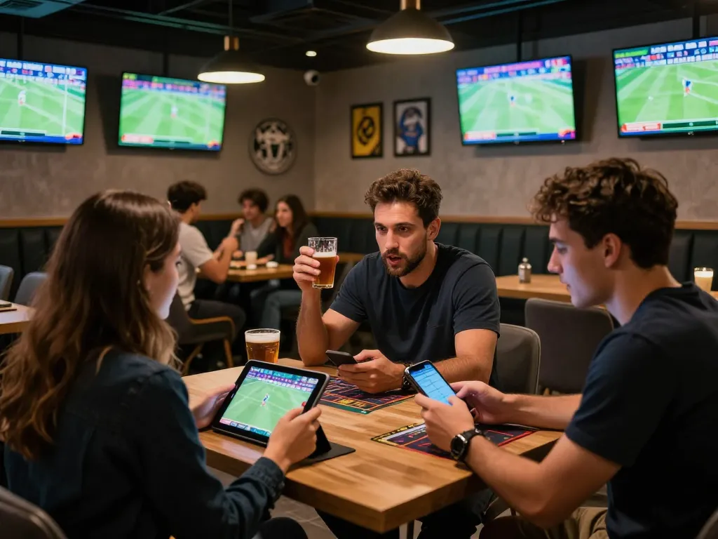 Sports enthusiasts placing bets at uk88 while watching live games in an upscale sports lounge.