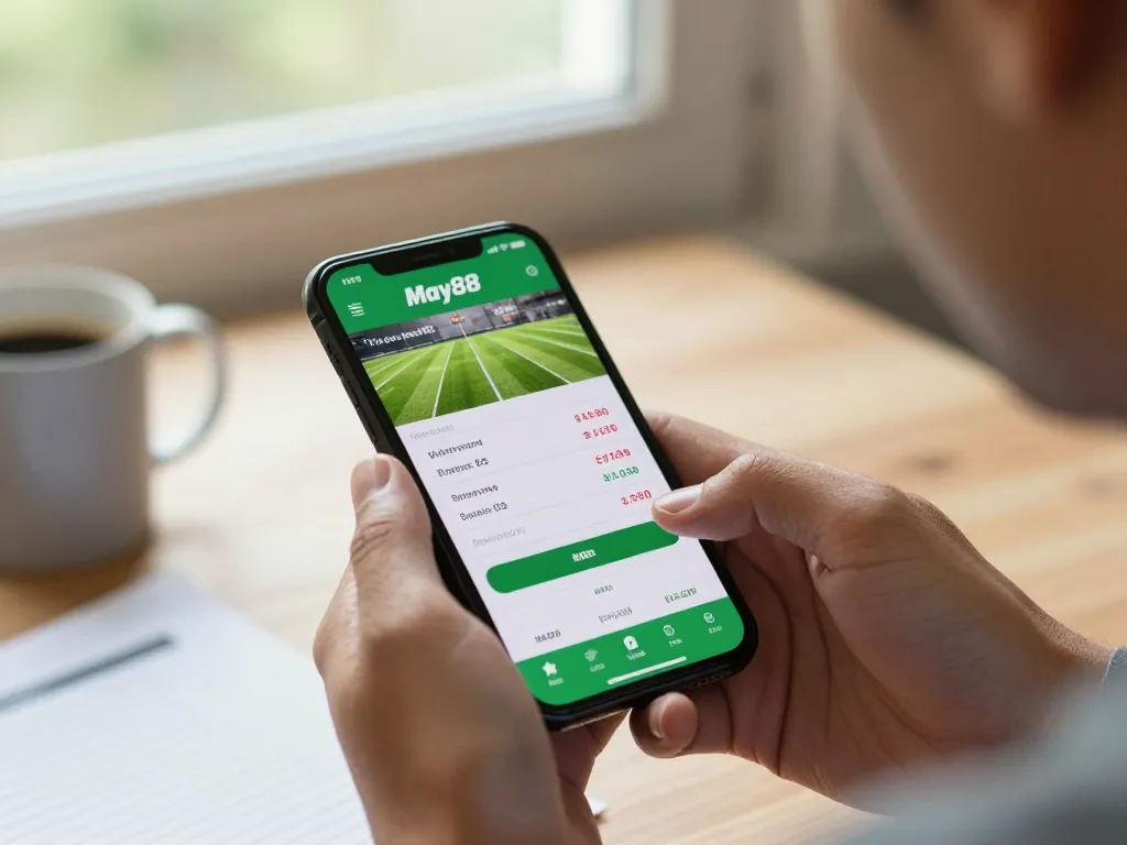 Engaging sports betting session on smartphone with May88 app, displaying live odds.