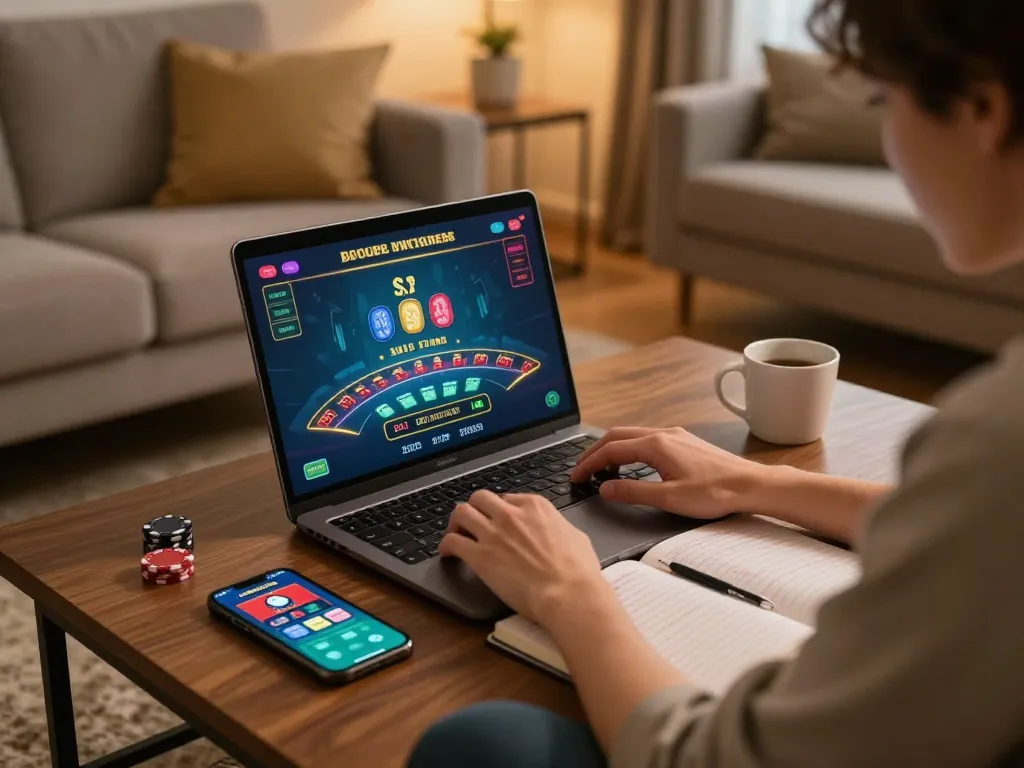 Bangsawan88 player placing strategic bets in a cozy online blackjack session at home.