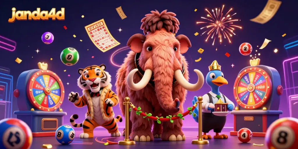 Ilustrasi janda4d menunjukkan mammoth kasino, tamu VIP, dan pengaman, beraksi di latar belakang penuh warna.