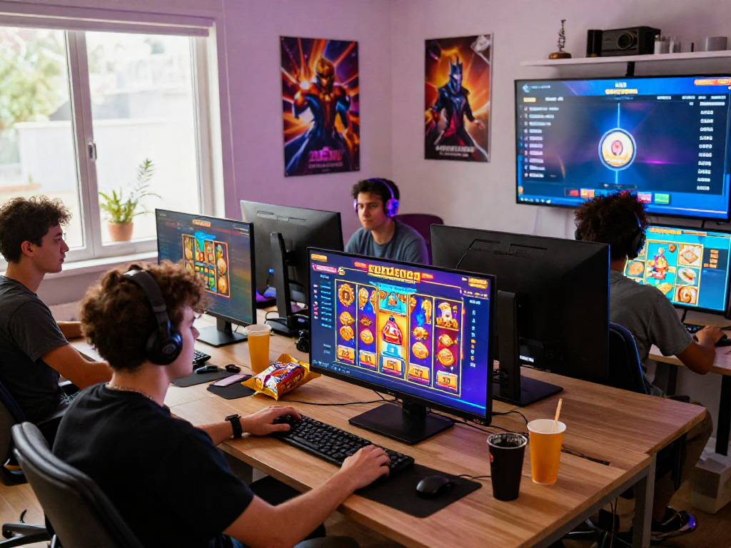 Exciting SLOT88 gaming scene with diverse players engaged online as they explore colorful slot machine games.