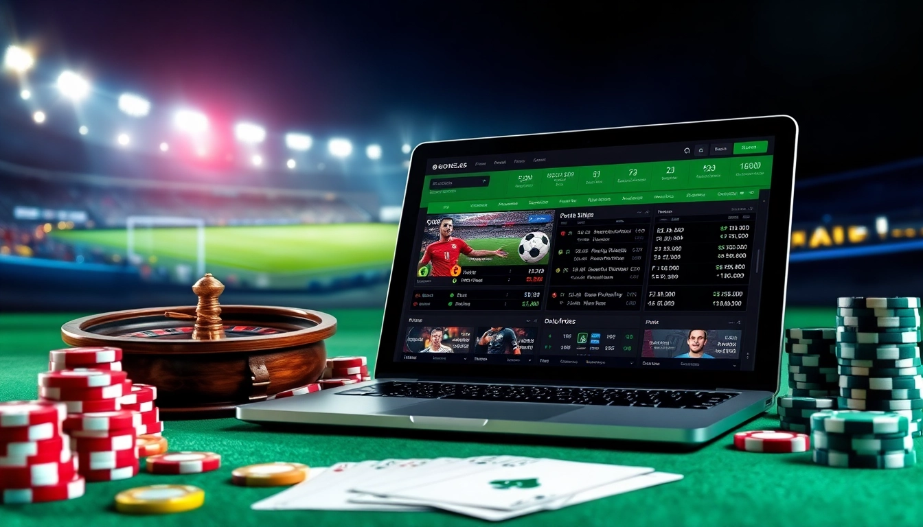Engaging Judi Bola betting scene with sports betting interface, poker chips, and football themes.
