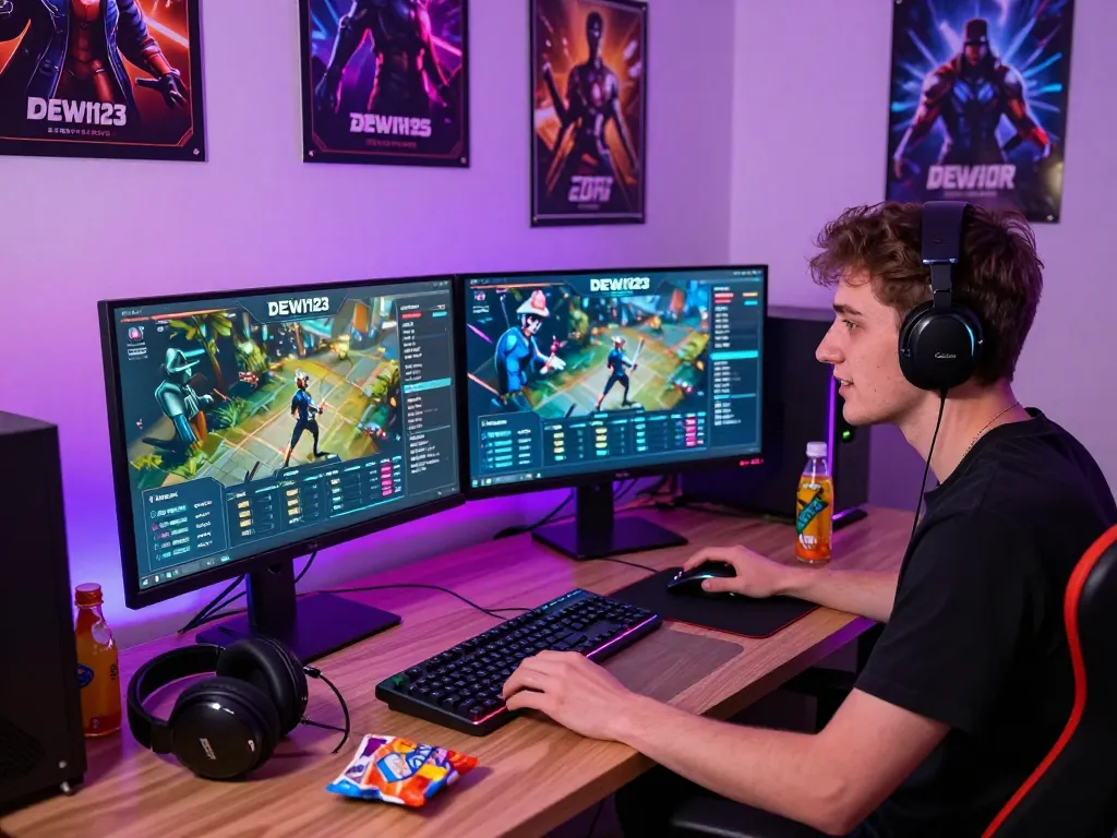 Gamer engaging with DEWI123 platform in a vibrant setup with monitors and colorful lighting.