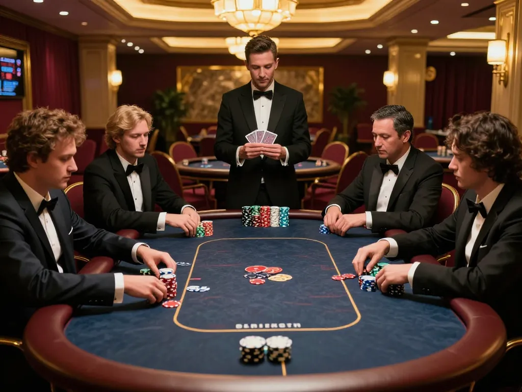 SC88 VIP players engaging in high-stakes poker at an upscale casino, demonstrating intense gameplay.