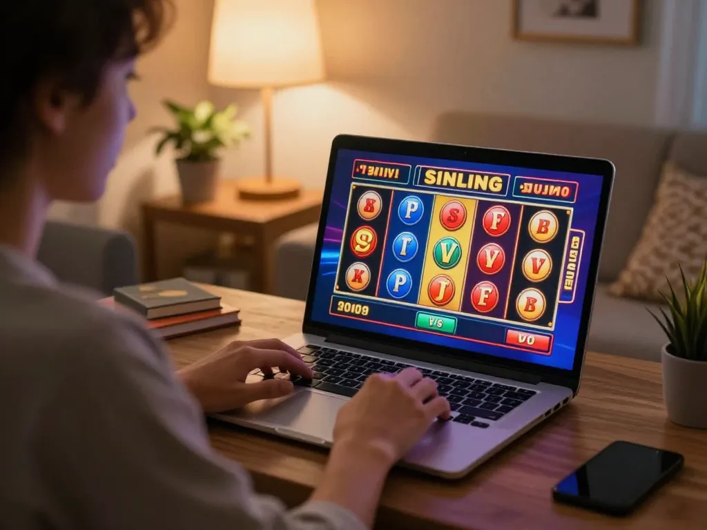 KO66 player winning at online slots in a cozy home gaming setup with vibrant visuals.