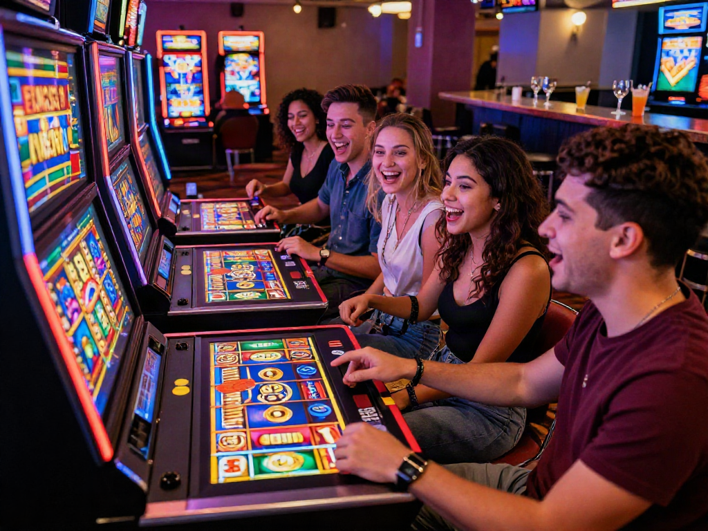 Friends enjoying a thrilling slot game experience in a lively casino.