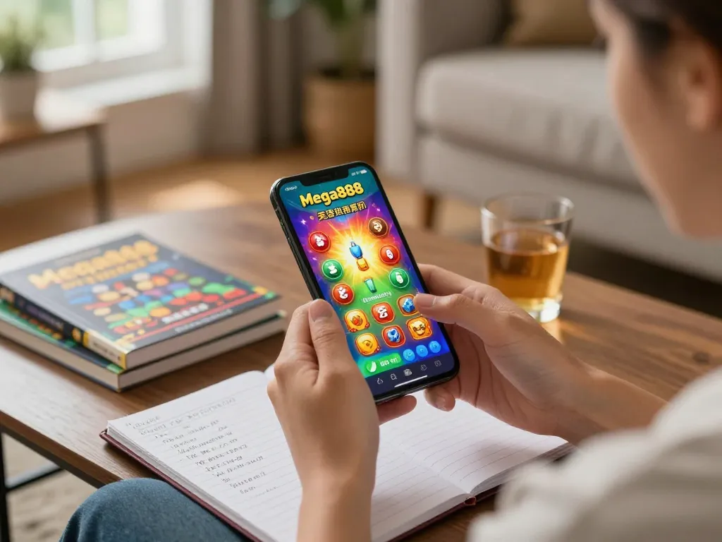 Mega888 tutorial for seamless mobile gameplay, showing a player interacting with the app in a cozy setting.