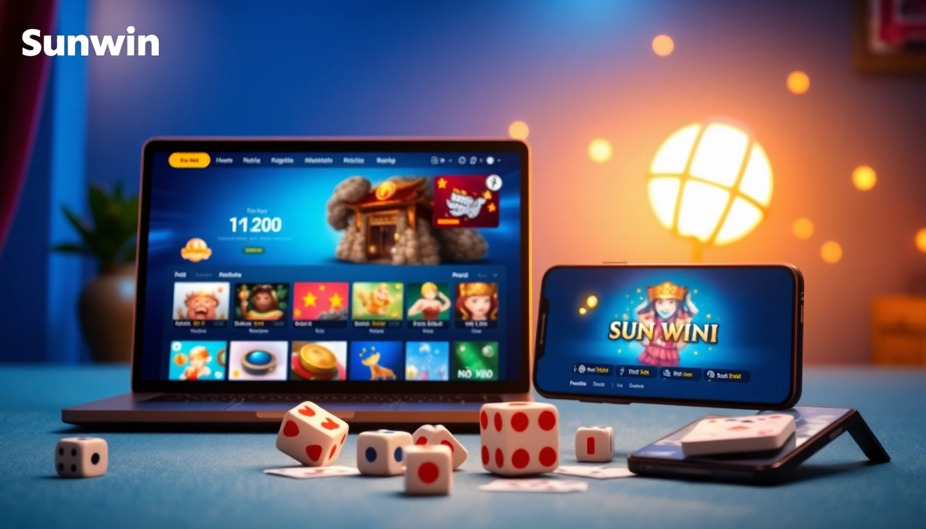 Dynamic gaming interface showcasing Sunwin's exciting games like Tài Xỉu and Nổ Hũ.