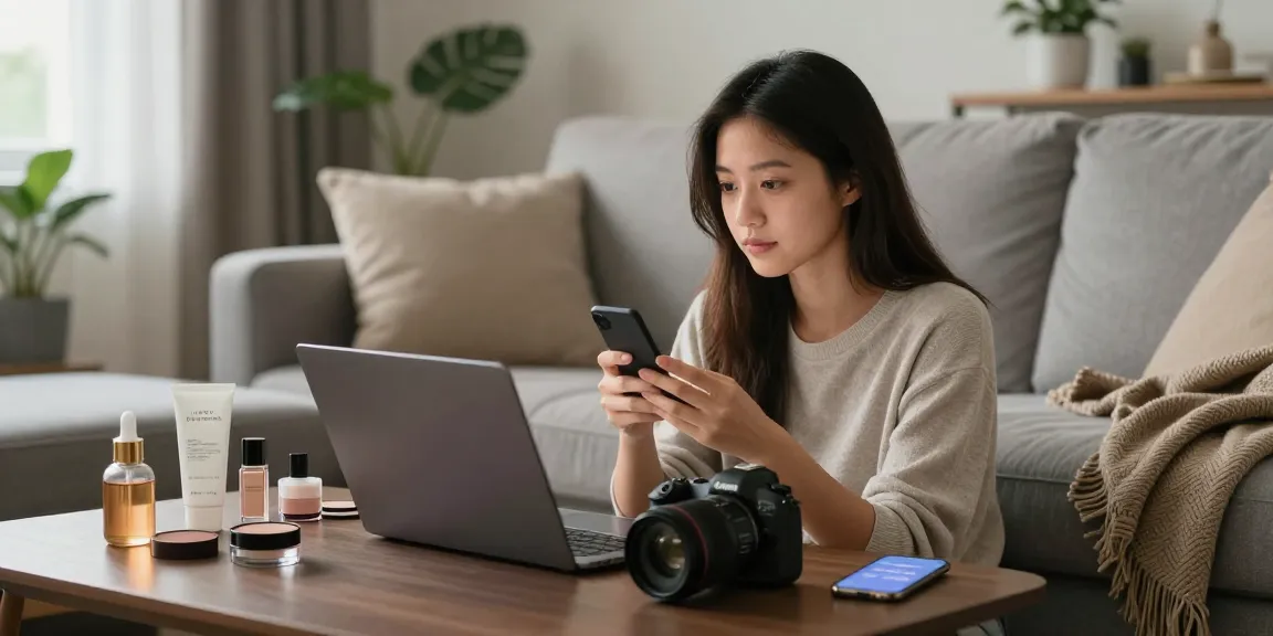 Woman using a laptop to browse beauty products online, surrounded by skincare essentials, in a cozy home setting.