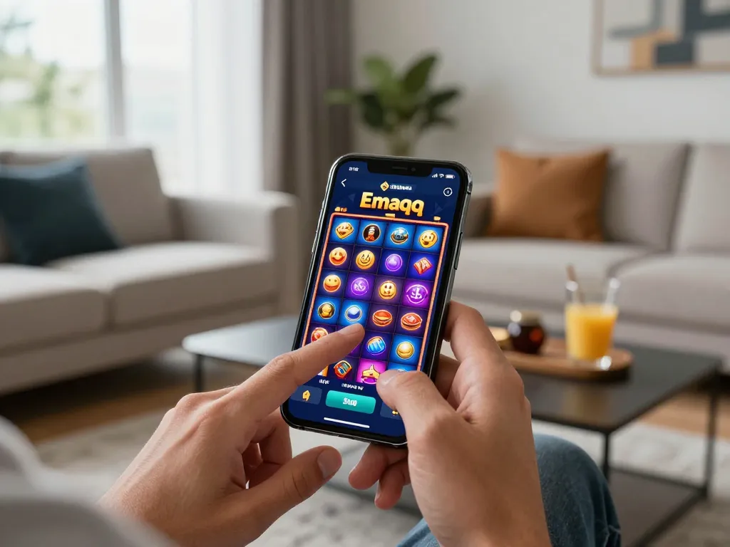 momen menarik seorang pengguna yang bermain aplikasi casino mobile Emaqq, menampilkan aksi permainan slot yang semarak.