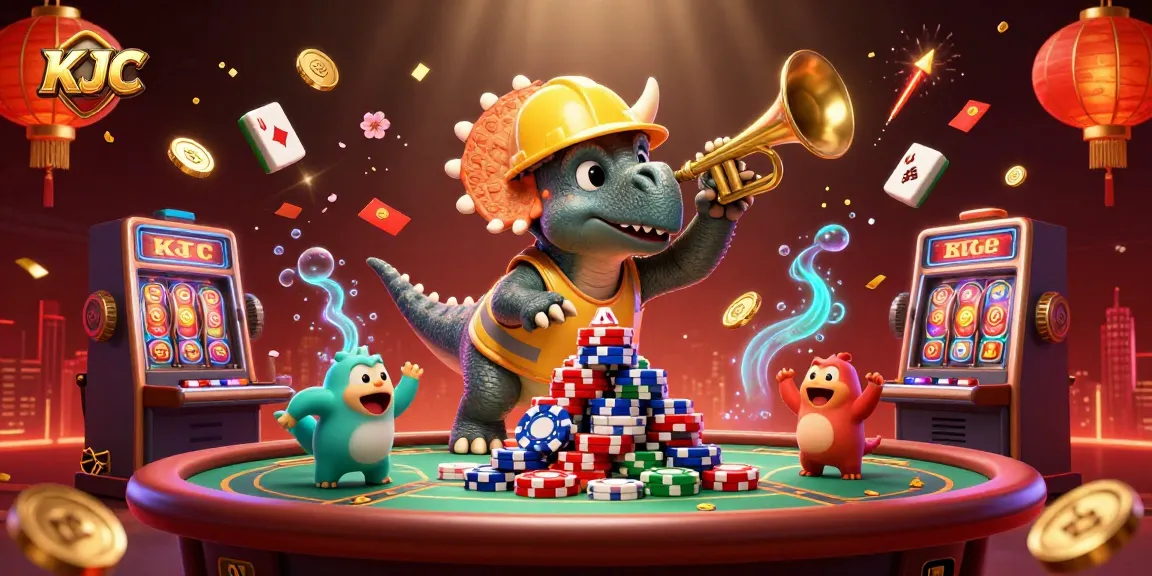 KJC celebrates with a triceratops building poker chip pyramids while golden confetti fills the casino scene.