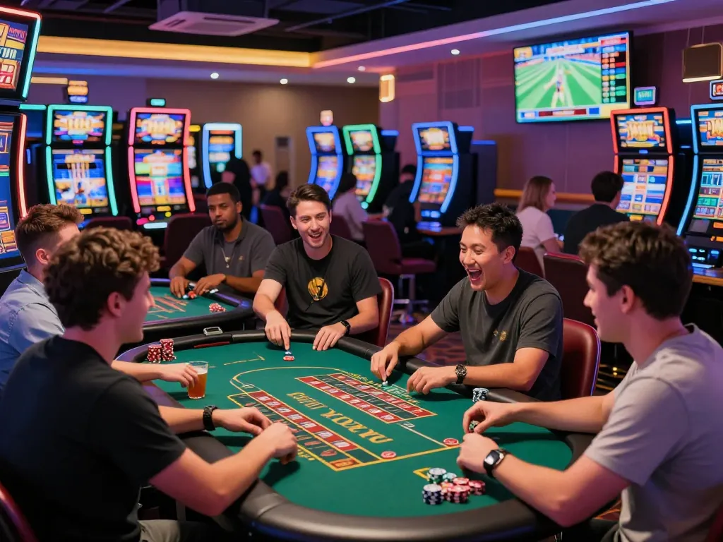 Players enjoying a lively AF88 top gaming experience at a casino with diverse games and vibrant atmosphere.