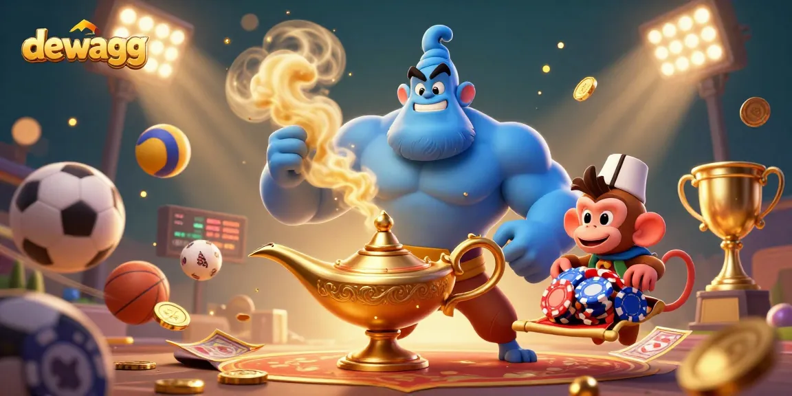 Dewagg engages players with an energetic 3D casino scene showcasing a genie and sports elements, highlighting exciting betting opportunities.
