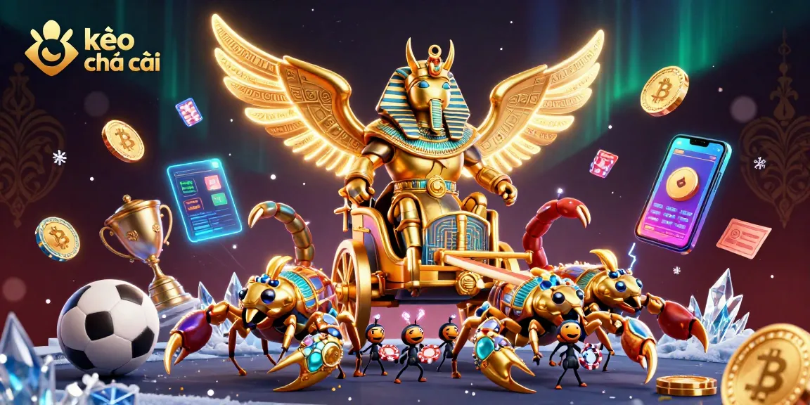 Engage with the latest kèo nhà cái in this vibrant casino-themed 3D illustration featuring a golden scarab beetle.