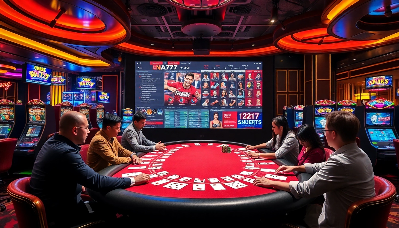 See NA777 players betting strategically at an upscale poker table in a dynamic casino scene.