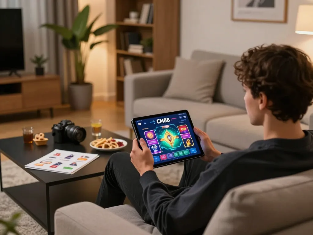 CM88 player enjoying an online casino game on tablet in a comfortable living room setting.